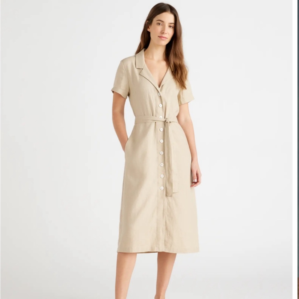 Quince 100% European linen buttondown dress in driftwood